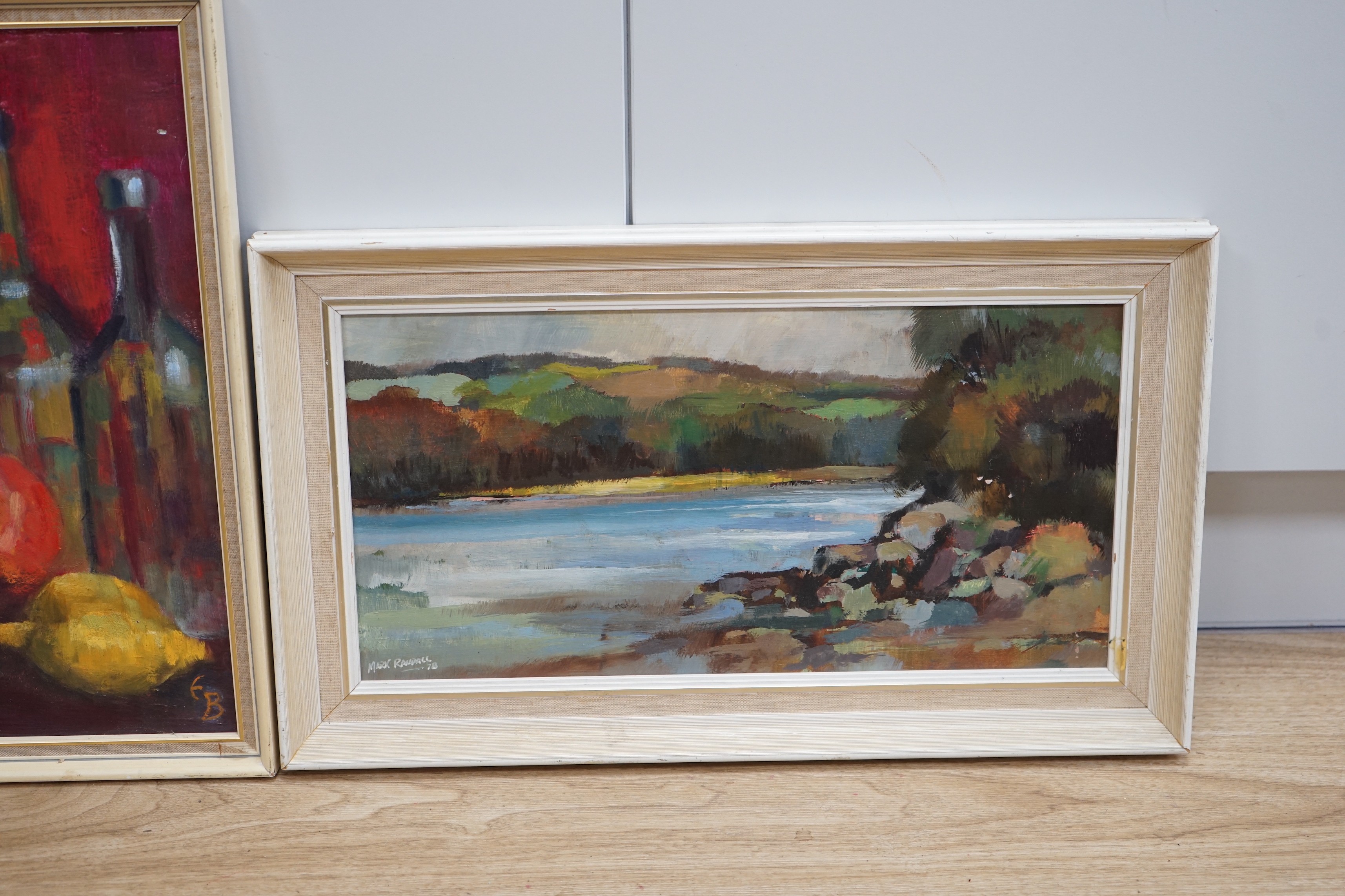 Mark Randall (1921-2011), oil on board, 'Across the bay at Laugharne', signed and dated '78, 21 x 42cm and an oil still life, initialled EB, 40 x 50cm